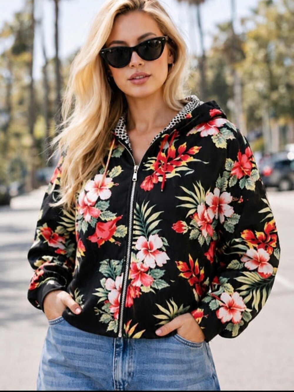 Y2k Vanity Rayon Hooded Full Zip Jacket Whimsical Hawaiian Floral Print Sz L